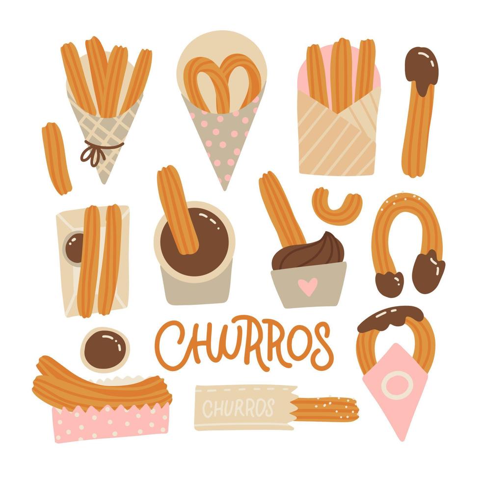 Churros-Set. mexikanisches Schokoladenkonfekt. Churro-Essen in verschiedenen Verpackungen. flache handgezeichnete Vektorillustration. vektor