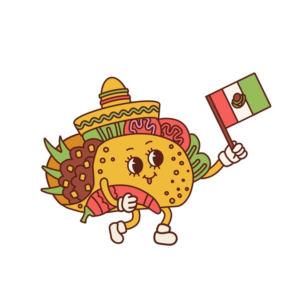 taco-maskottchen-logo-design im retro-cartoon-stil. lateinamerikanischer lebensmittelcharakter mit, sombrero, mexikanischer flagge und chilipfeffer. handgezeichnete Konturvektorillustration im trendigen Vintage-Toon-Stil der 30er Jahre. vektor