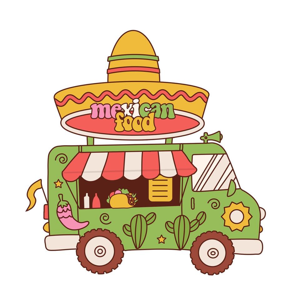 retro-karikatur-lebensmittel-lkw-fahrzeug mit mexikanischem essen. Seitenansicht Fahrzeug mit Sombrero in der Spitze. vektorkontur handgezeichnete illustration. vektor