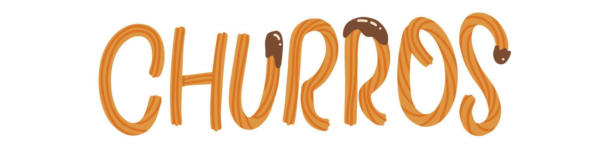 Churros - und gezeichnetes Schriftwort aus Churros-Sticks und Schokoladensauce. flache vektorillustration. vektor