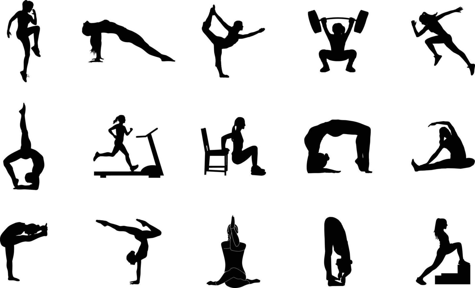 vektor silhuetter av kvinna praktiserande yoga och kondition. former av smal flicka håller på med yoga övningar i annorlunda poser isolerat på vit bakgrund. yoga ikoner.