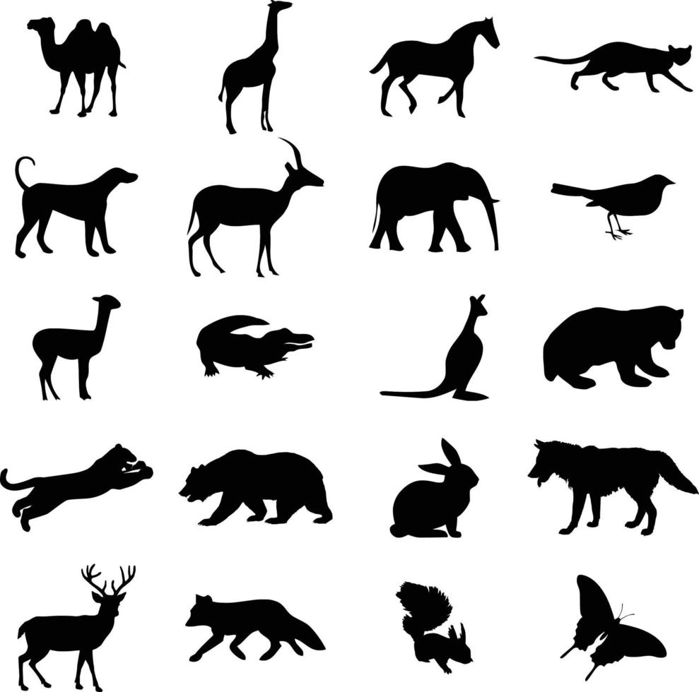 Vektor-Bauernhof-Tiere-Silhouetten isoliert auf weiss. Vieh- und Geflügelsymbole. Ländliche Landschaft mit Bäumen, Pflanzen und Bauernhof vektor