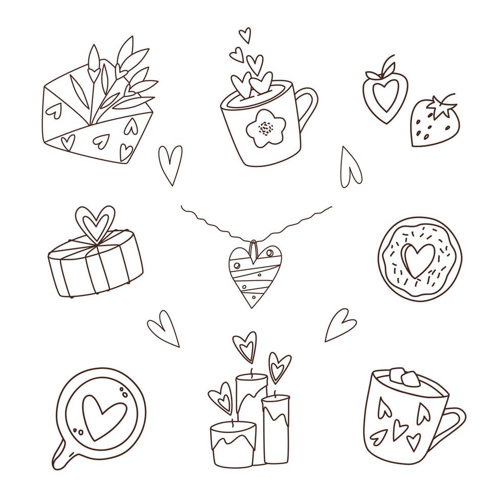 Valentinstag-Kontur-Doodle-Vektorillustration. satz von elementen zum erstellen von grußkartendesigns für den 14. februar. Kerzen, Herzkette, Donut, Geschenkbox, Umschlag, Blumen, Kaffee, Erdbeere. vektor