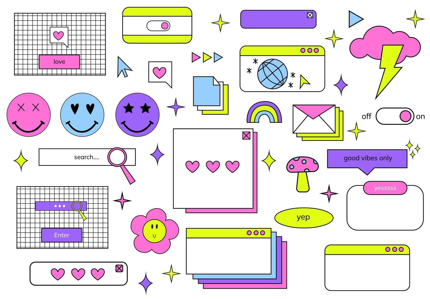 altes pc-set im windows-stil der 90er jahre. Retro-Computer-Ästhetik. Web-elektronische Symbole. 1990 Vibe Vektorgrafiken. Retro-Spiel im Stil der 90er Jahre vektor