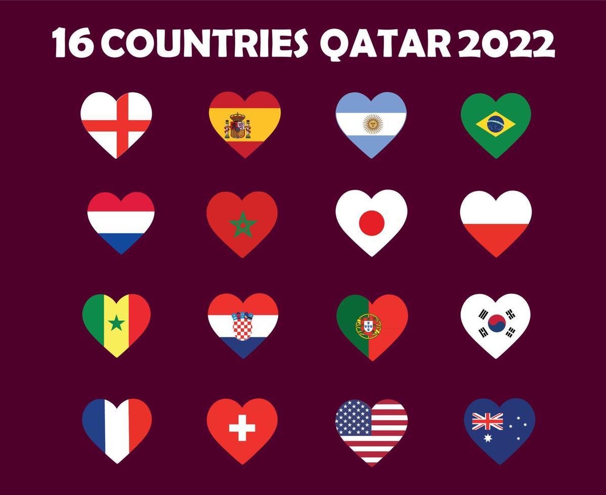 16 länder flagga hjärta symbol design fotboll slutlig vektor länder fotboll lag illustration