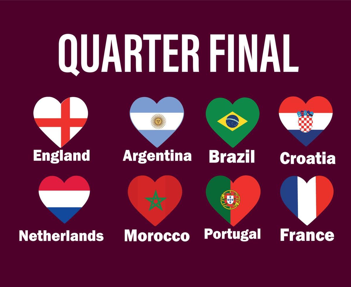 fjärdedel slutlig länder flagga hjärta med namn symbol design fotboll slutlig vektor länder fotboll lag illustration