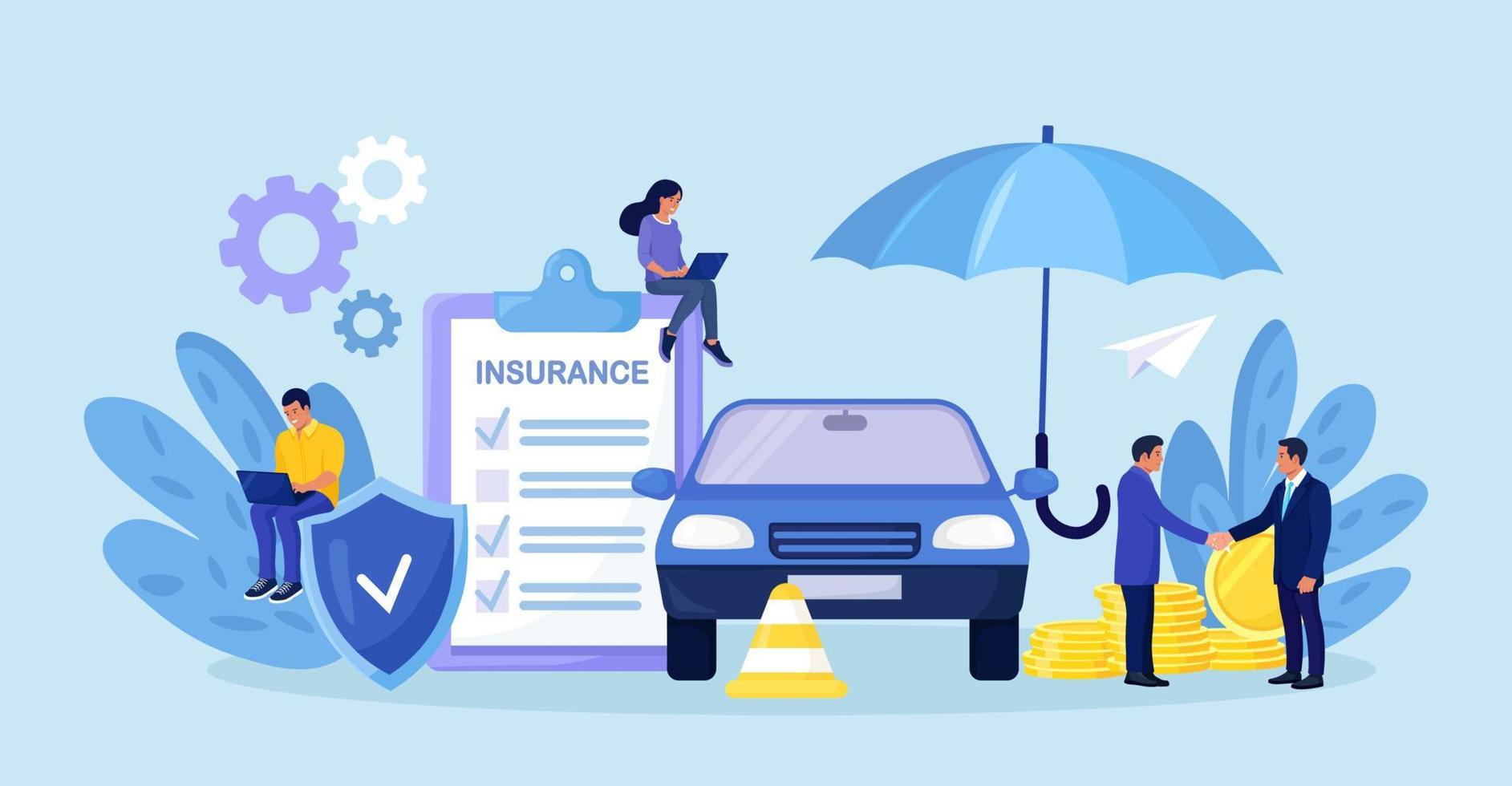 Kfz-Versicherungsformular mit Schild, Regenschirm. versicherungsagent oder verkäufer, der ein sicherheitsdokument bereitstellt. menschen, die autos kaufen, leasingschutz, garantie des fahrzeugs vor unfall, schaden oder kollision vektor