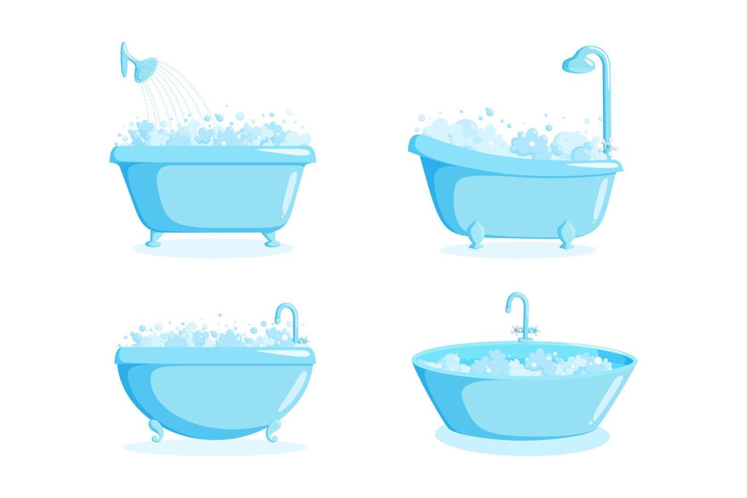 badkar med kran och dusch Utrustning. uppsättning av annorlunda badkar med bubblor och såplödder isolerat på vit bakgrund. vektor illustration
