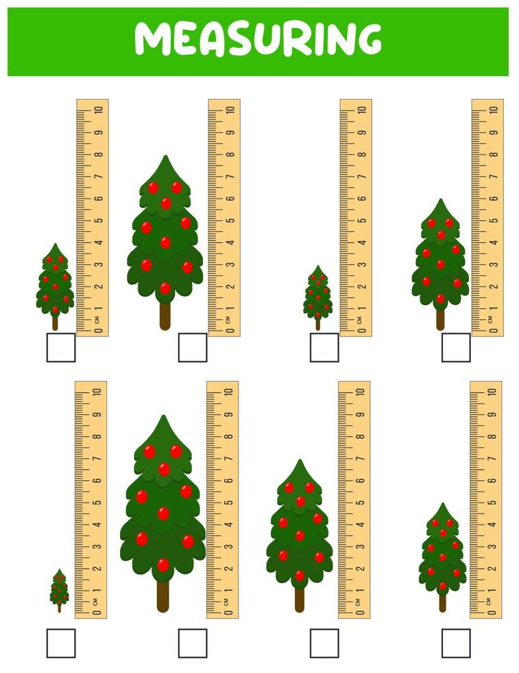 mätning längd med linjal. utbildning utvecklande arbetsblad. spel för barn.vektor illustration. öva lakan.jul träd mått i centimeter. vektor