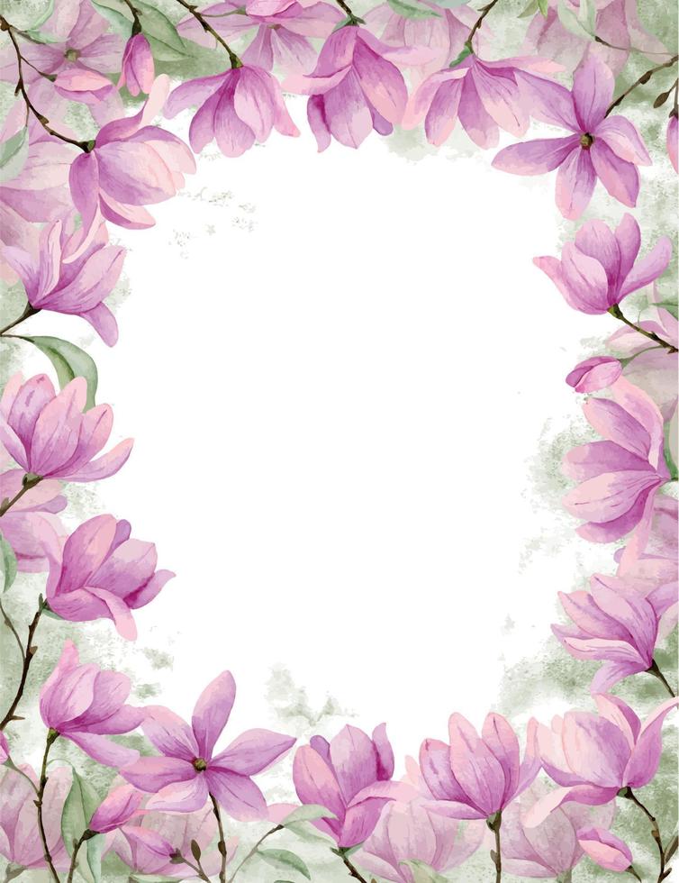 vattenfärg ram med rosa magnolia grenar. hand dragen illustration med blommor och löv. isolerat bakgrund för bröllop inbjudningar eller hälsning kort. blommig mall för några design. vektor