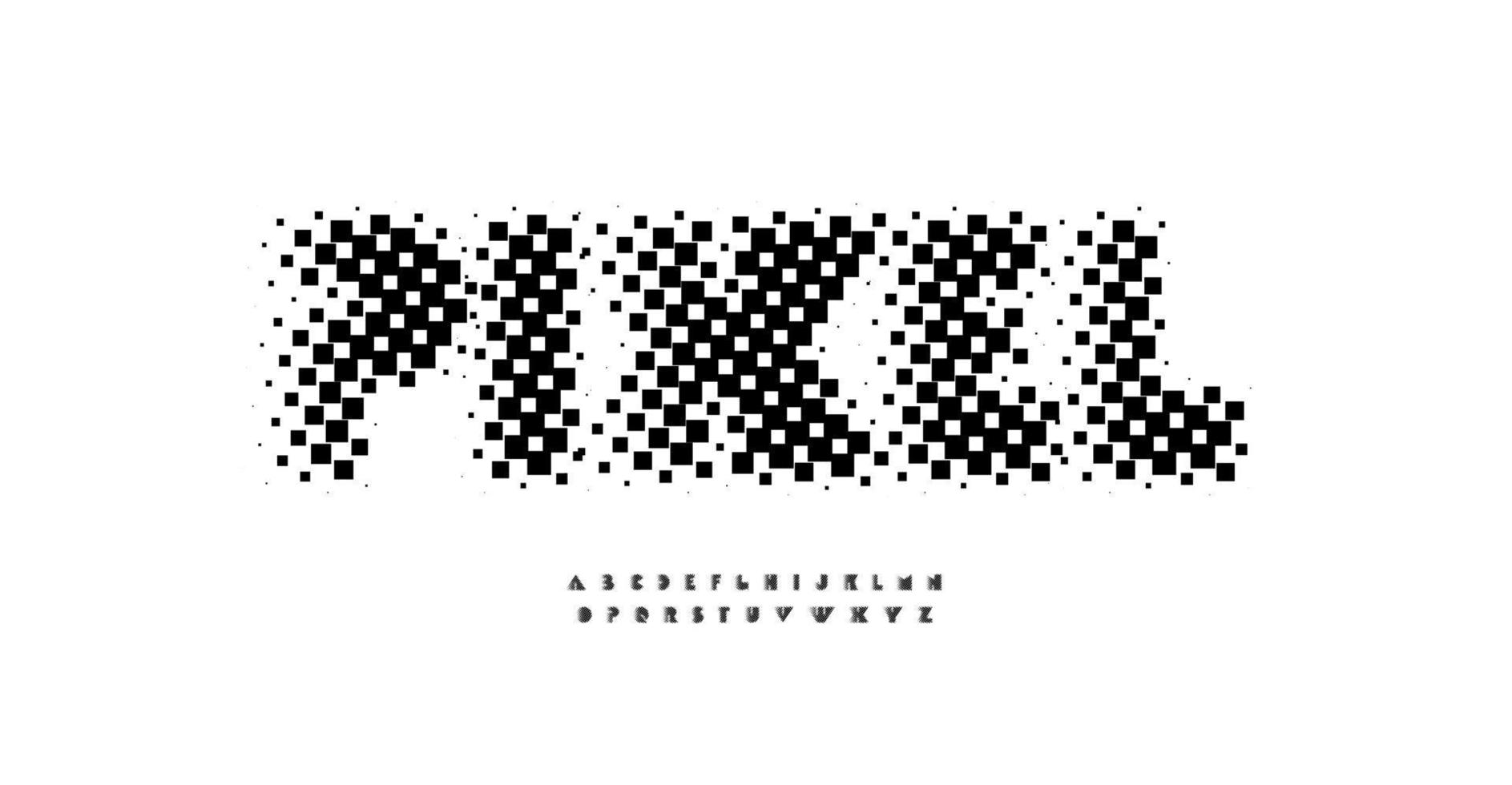 pixel dekorativ font, halvton mosaik- alfabet, gitter yta typsats. ovanlig abstrakt brev för logotyp, monogram och rubrik. vektor grill textur typografisk design.