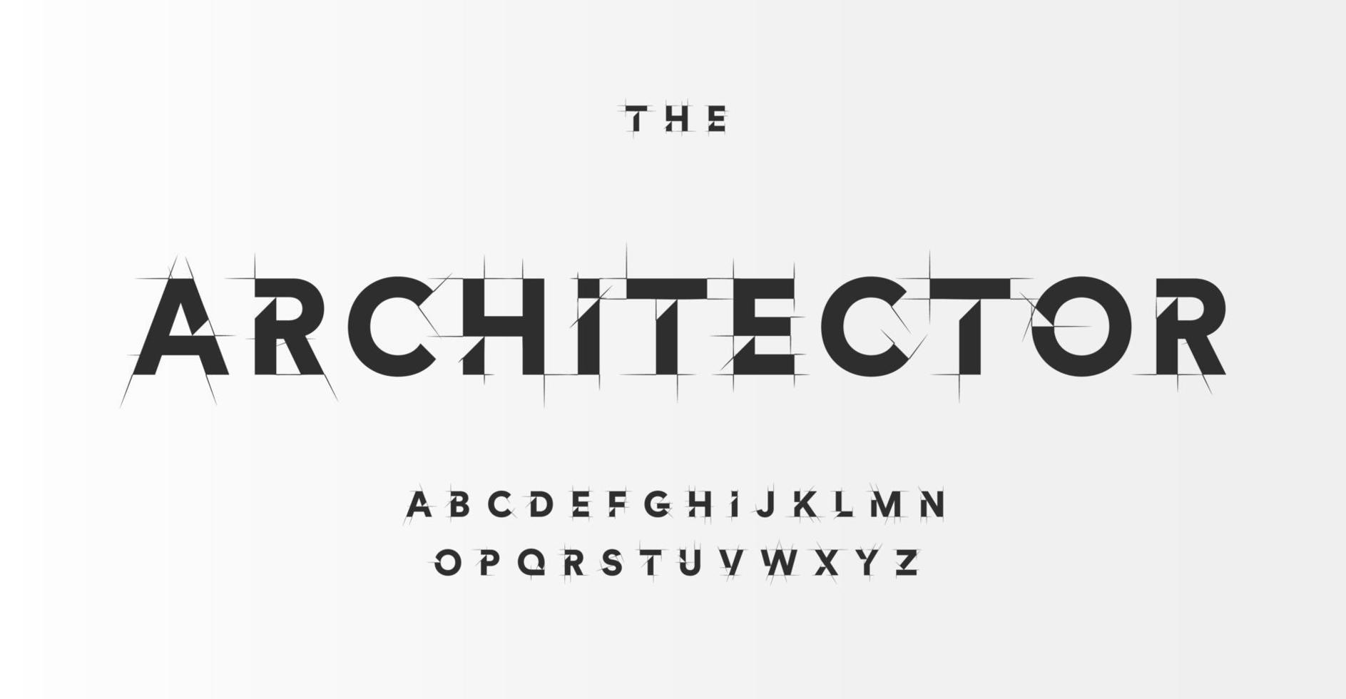 architekturprojektschriftart, alphabet im technischen zeichenstil. geometrische Typografie. Wireframe-Buchstaben, typografisches Design mit Entwurfsstrichen für Architekturlogo und Überschrift. isolierter Vektorsatz. vektor