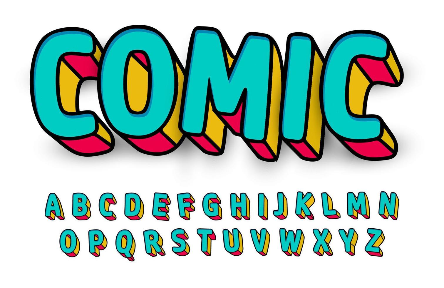 roligt 3d font, tecknad serie Färg alfabet, Färg brev för en komisk bok, barn lekrum, barn spel, leksak typografisk design, logotyp och rubrik, klistermärke abc, primer typografisk design. vektor typsats.