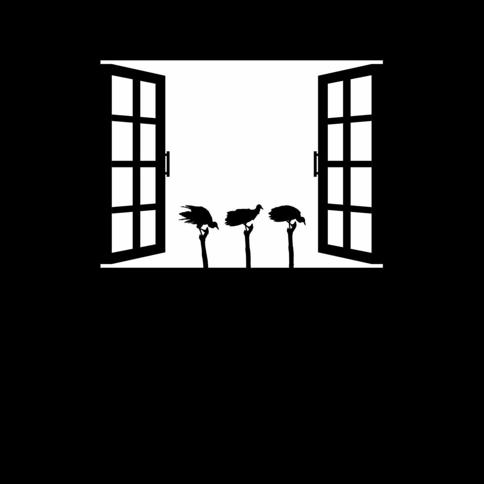 Herde des schwarzen Geiervogels auf der Fenstersilhouette. gruselig, horror, unheimlich, mysteriös oder kriminalillustration. illustration für horrorfilm- oder halloween-plakatgestaltungselement. Vektor-Illustration vektor