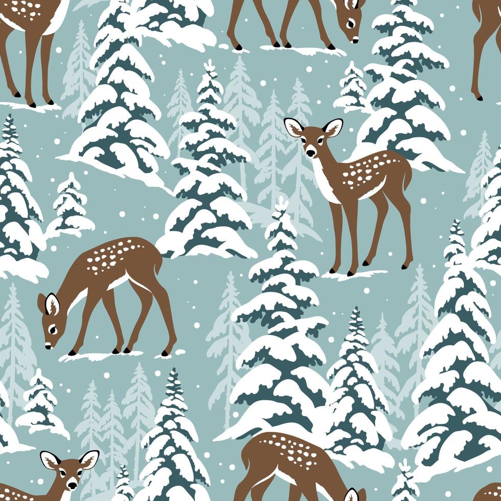 snöig landskap sömlös mönster med rådjur och snöig tall träd. perfekt för textil, tapet eller skriva ut design. vektor