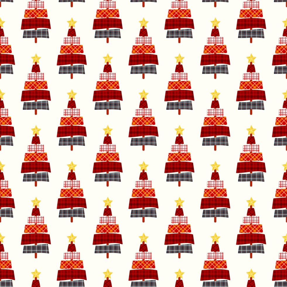 Nahtloses Muster von Weihnachtsbäumen mit rotem Tartan und karierten Texturen, auf isoliertem Hintergrund. design für weihnachtsdekoration und feier von winter, weihnachten oder neujahr. vektor