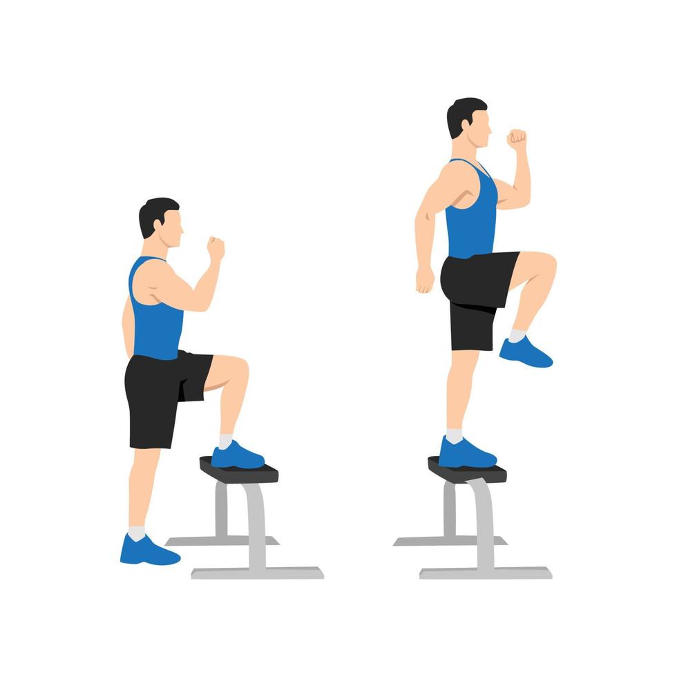 man håller på med steg upp med knä höjer träning. platt vektor illustration isolerat på vit bakgrund
