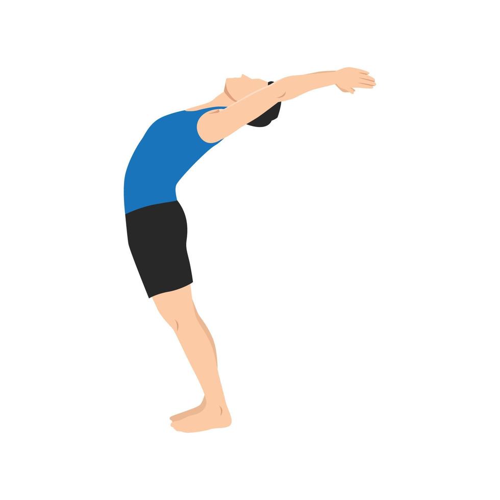 Mann praktiziert Yoga in der Pose mit erhobenen Armen. gesundes lebensstil- und wellnesskonzept. flache vektorillustration für yogatag. hasta uttanasana-Haltung. Sonnengruß, Surya Namaskara. vektor