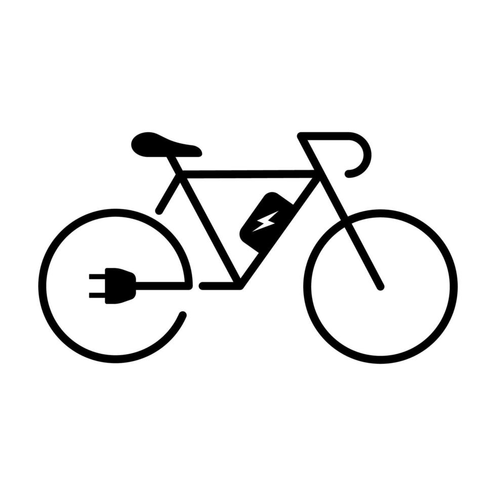 E-Bike-Silhouette-Symbol. Öko-Fahrrad auf Elektroenergie mit Plug-Charge-Glyphen-Piktogramm. grünes Strom-Energie-Fahrradschild. Ökologie Stadt Transportsymbol. isolierte Vektorillustration. vektor
