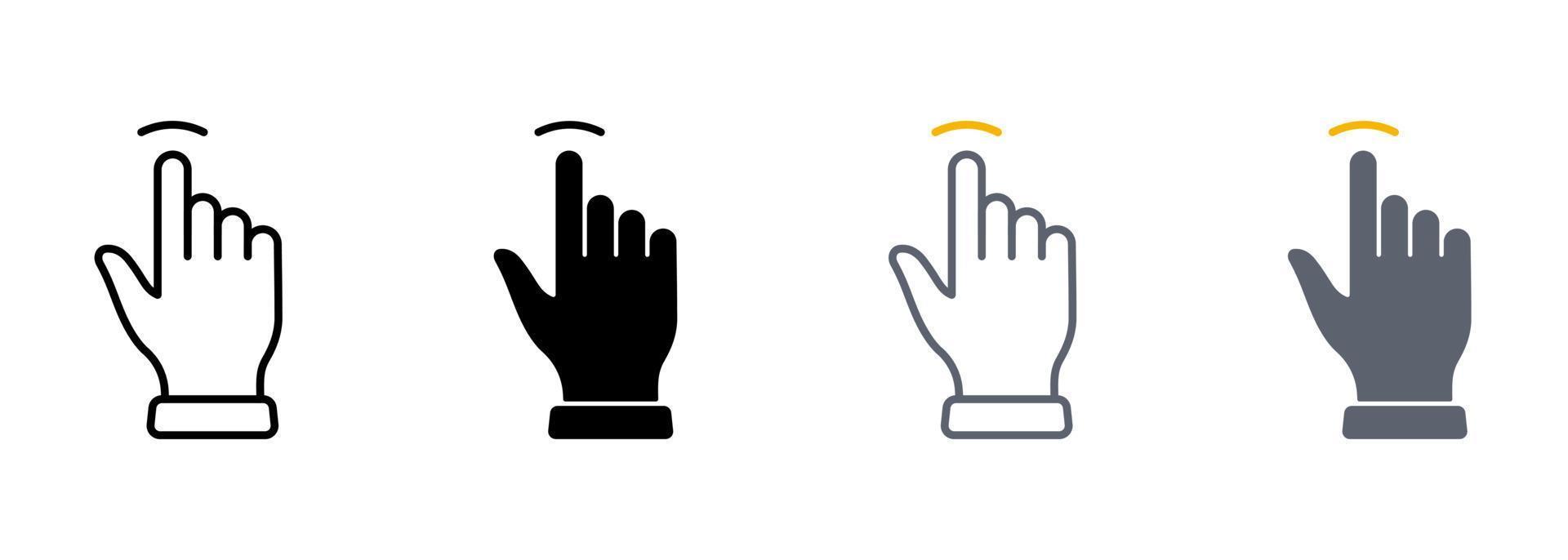 Tippen Sie auf die Gestenlinie und das Symbol für die Silhouettenfarbe. Handcursor des Computermaus-Piktogramms. Zeigefinger klicken drücken berühren Symbolsammlung auf weißem Hintergrund. isolierte Vektorillustration. vektor