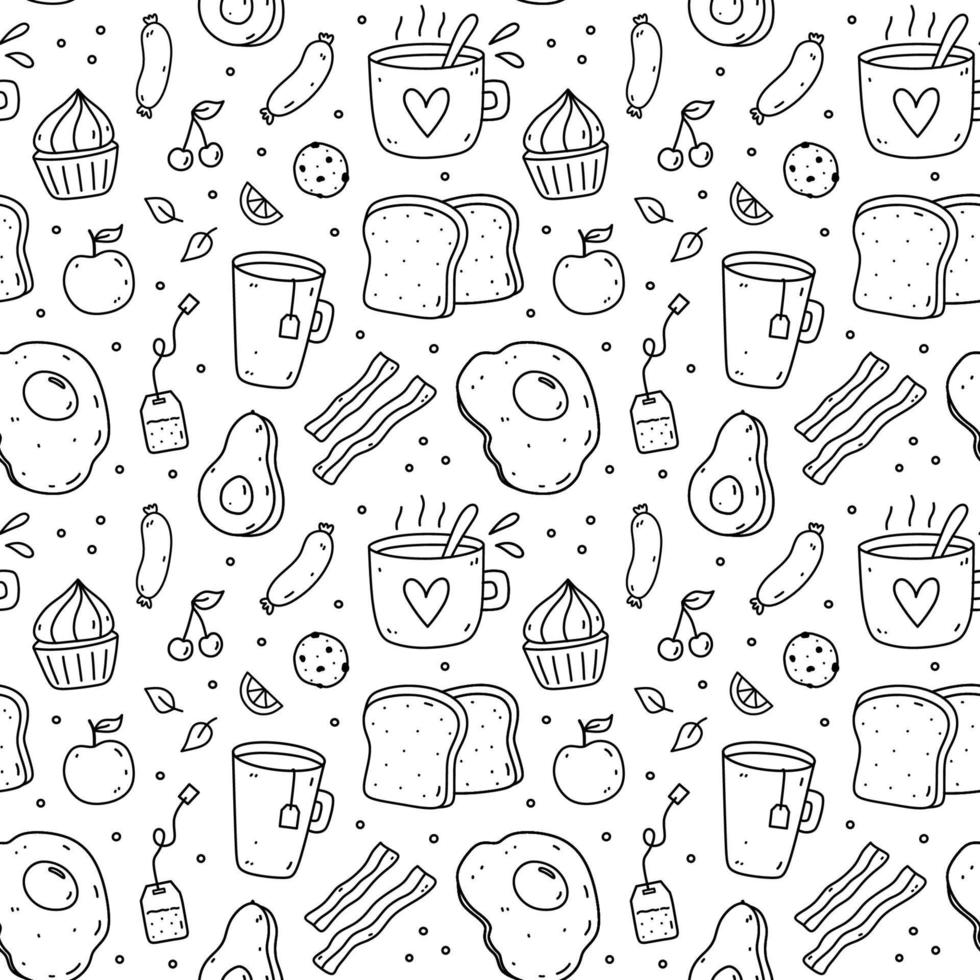 Süßes, nahtloses Muster mit Frühstücksspeisen - Spiegeleier, Speck, Toast, Würstchen, Kaffee, Avocado, Obst. handgezeichnete Vektorgrafik im Doodle-Stil. perfekt für Druck, Geschenkpapier, Tapeten. vektor