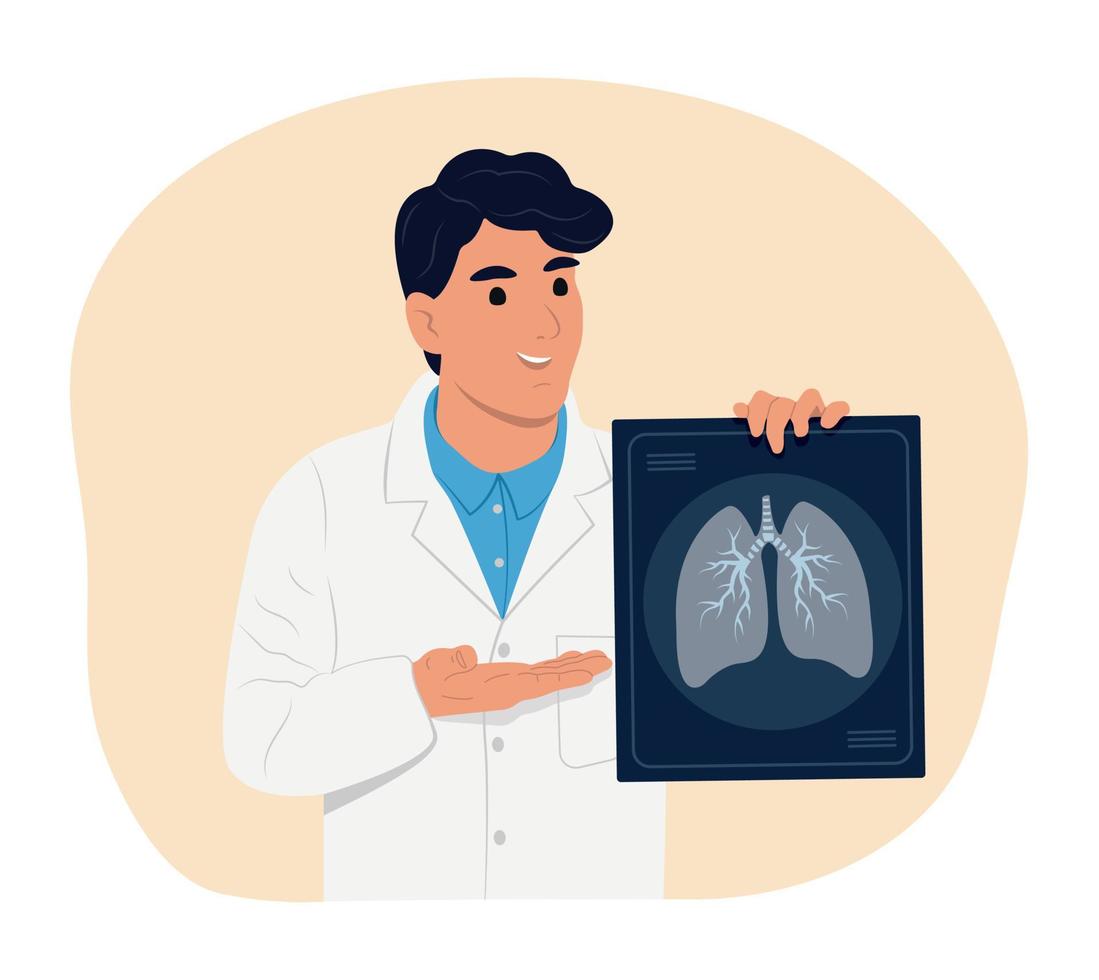 leende manlig läkare innehav röntgen av lungor till förhindra astma. värld astma dag. bronkial astma. allergi, astmatiker. inandning läkemedel. bronkial astma vektor