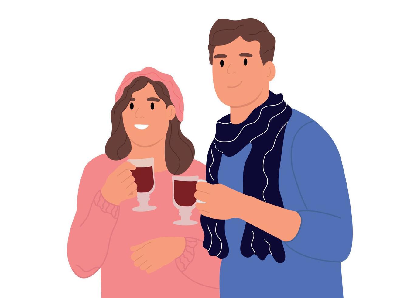 Charaktere mit heißen Getränken. Winterglück, Glühwein oder Kaffeegetränk für einen verschneiten Winter. freunde verbringen zeit zusammen vektorillustration im flachen stil. vektor