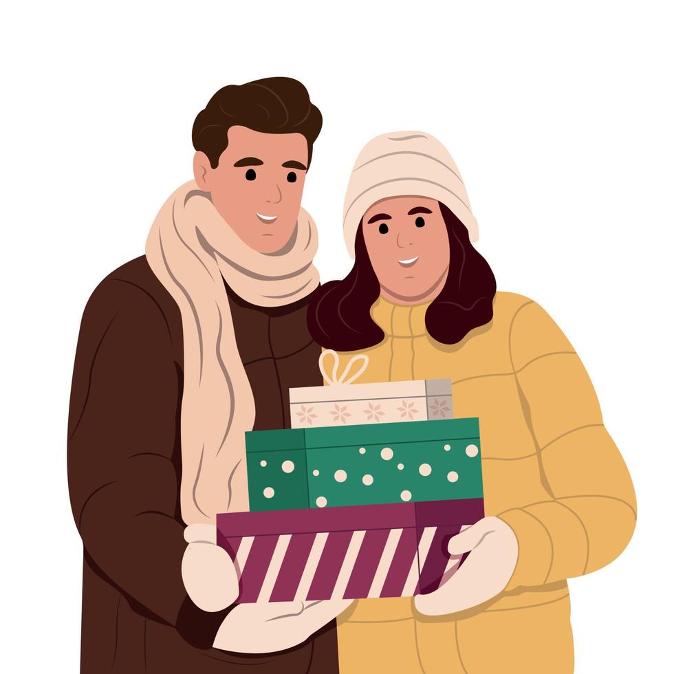 Lycklig par med handla. män och kvinnor förbereda till fira jul. platt grafisk vektor illustration isolerat på vit bakgrund