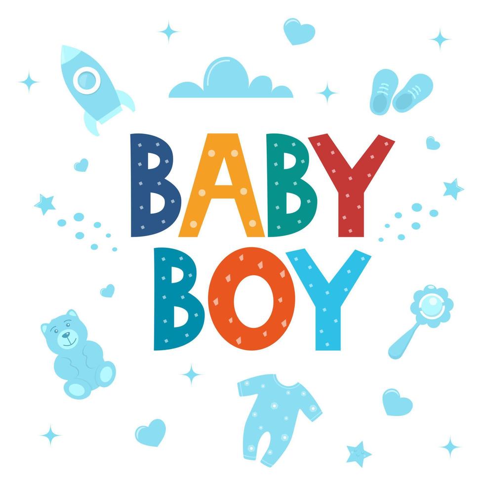 Babypartykarte für Jungen. Es ist eine Jungenkarte. Vektor-Einladung mit Schriftzug Baby Boy und niedlichen Baby-Sachen. Druck, Kleidung, Karte, Kinderzimmerdekoration. Kinderdruck für Jungen. Vektor-Illustration. vektor