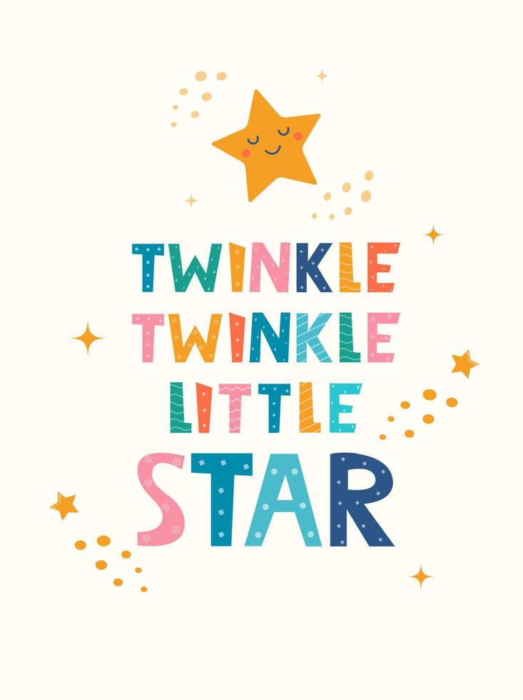 handgezeichneter Schriftzug Twinkle Twinkle Little Star für Druck, Kleidung, Grußkarte, Kinderzimmerdekor. Kinder drucken. Lassen Sie kleine Sterne und Sterne im skandinavischen Stil. Vektor-Illustration. vektor