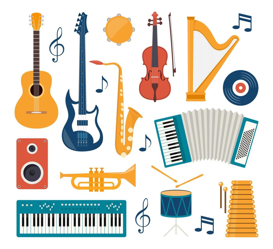 platt design musikalisk instrument, uppsättning av ikoner. gitarr, synthesizer, fiol, cello, trumma, cymbaler, saxofon, dragspel, tamburin, trumpet, harpa, högtalare. vektor