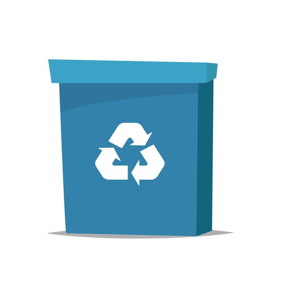 stor blå återvinna sopor kan med återvinning symbol på Det. skräp bin i tecknad serie stil. återvinning skräp burk. vektor illustration.