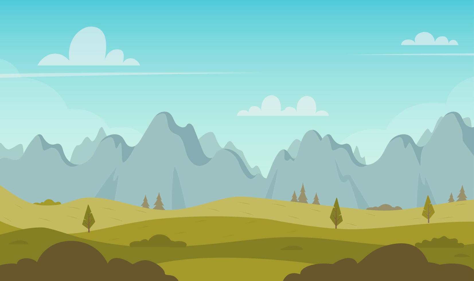 Schöne grüne Hügel mit Bergen reihen sich am Horizont. Landschaft mit grünen Hügeln, Bäumen, Büschen, Bergen, strahlend blauem Himmel. Landschaftshintergrund für Banner, Animation. Vektor-Illustration. vektor