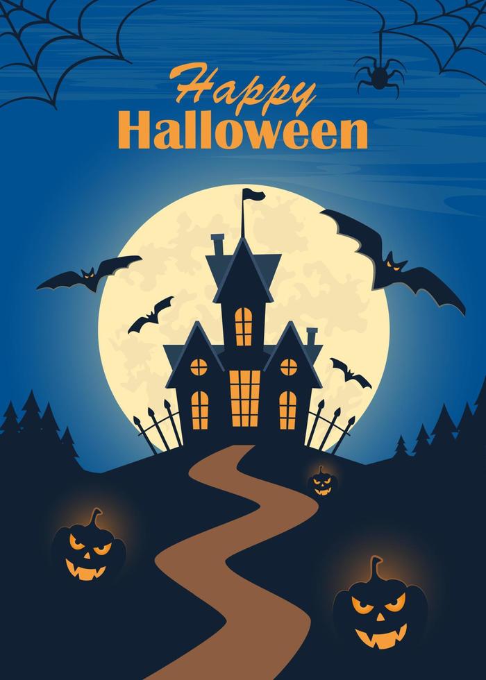 halloween affisch, skrämmande fest inbjudan flygblad, baner. mörk slott, måne, fladdermöss, gravar, gravstenar, går över, träd, Uggla, pumpor. halloween natt vektor illustration.