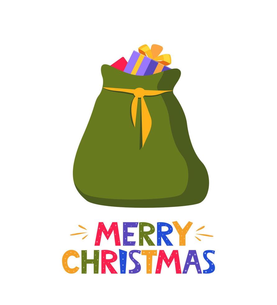 full grön väska av gåvor från santa claus och text glad jul. jul dekorativ element för kort design, baner. platt vektor illustration.