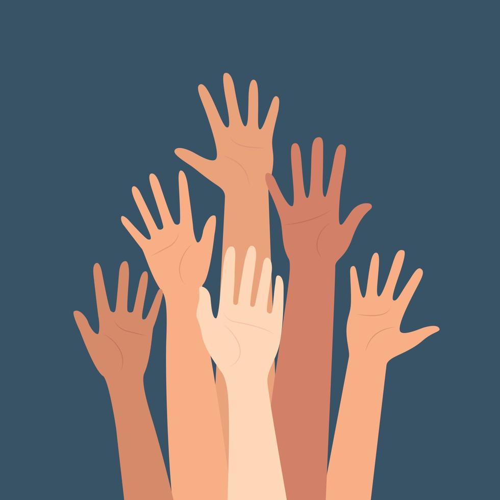 Multikulturelle Menschenmenge mit erhobenen Händen, Teamarbeit eines multinationalen Teams. teamarbeit, freundschaft, einheit, hilfe, freiwilliges konzept. Vektor-Illustration. vektor