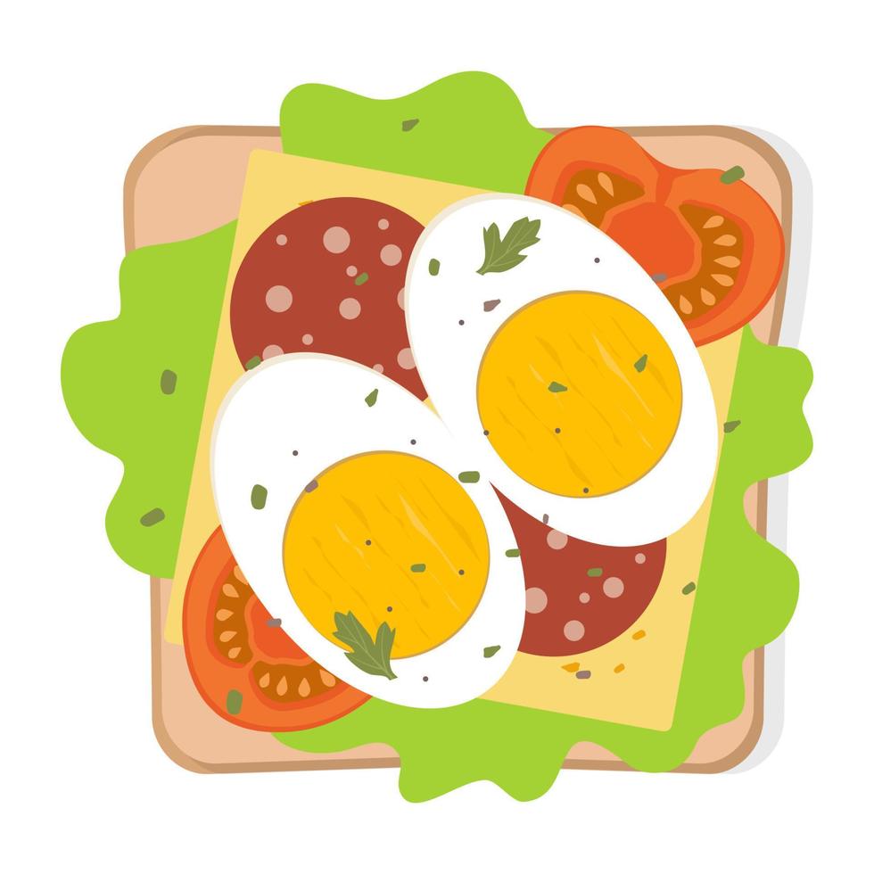 rostat bröd med friterad ägg och grönsaker. smörgås med bröd, ägg, ost, tomat, korv, örter och kryddor. bäst för frukost. vektor illustration.
