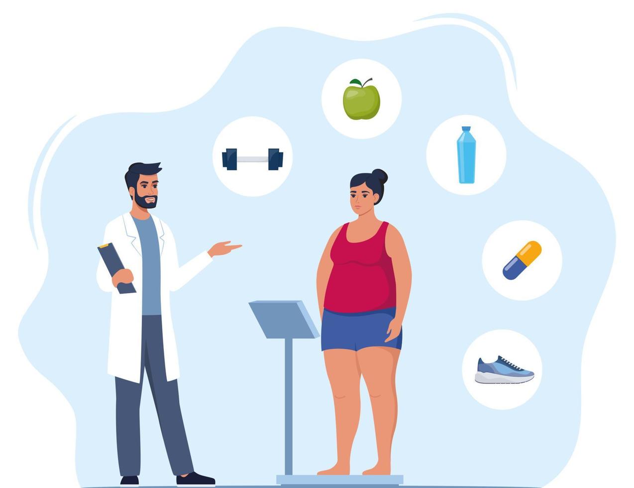 Fette Frau, die auf Waagen steht. Arzt erklärt über Gesundheit und wie man Gewicht verliert, fettleibiger Patient, Fettkontrollanweisung, Diabetespatient, Kalorienkontrolle, Sport. Vektor-Illustration. vektor