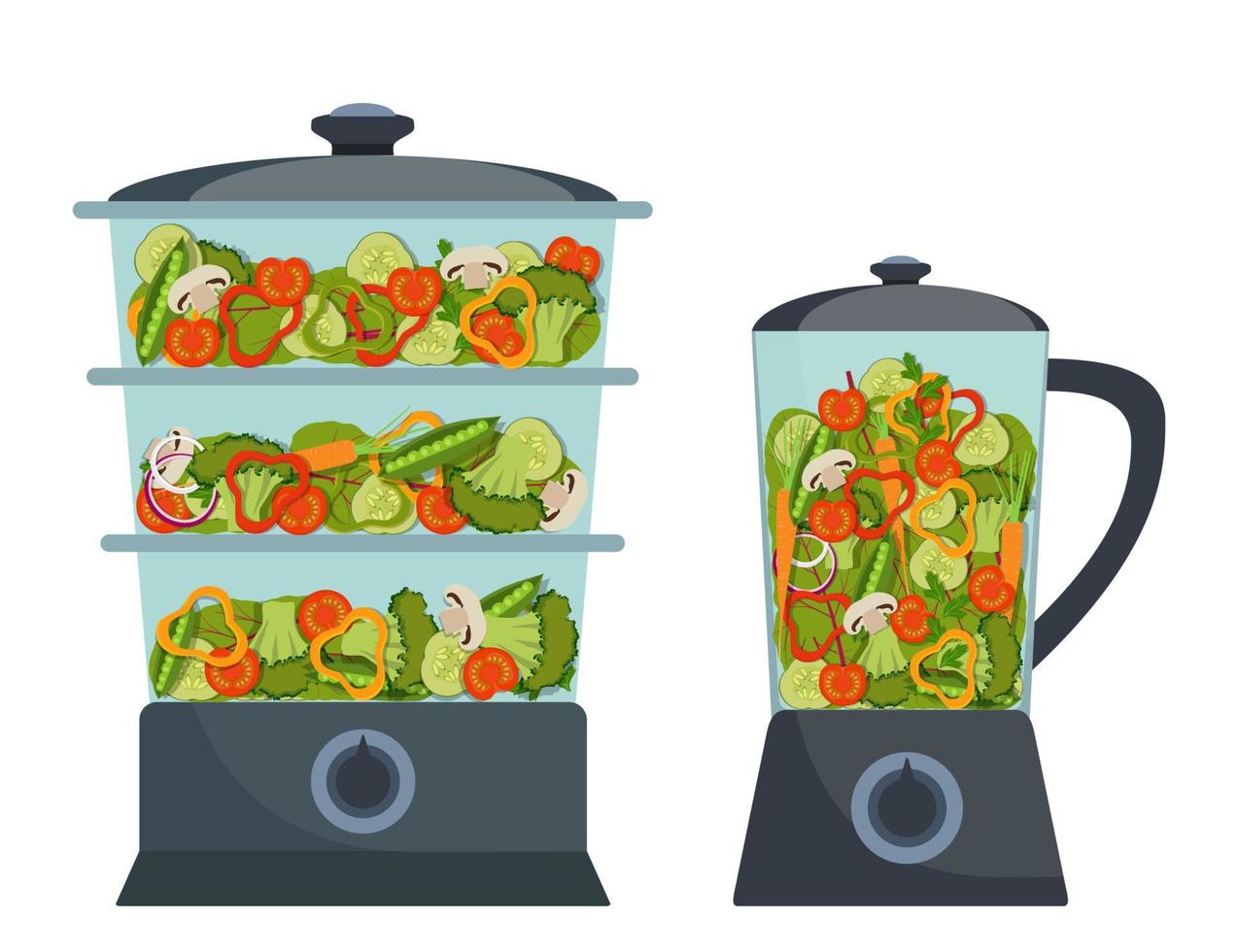 stilvoller, moderner Doppelkessel und Mixer mit verschiedenem Gemüse im Inneren. Brokkoli, Paprika, rote Tomaten, Karotten, Zwiebeln, Gemüse. vektorillustration im flachen stil. vektor