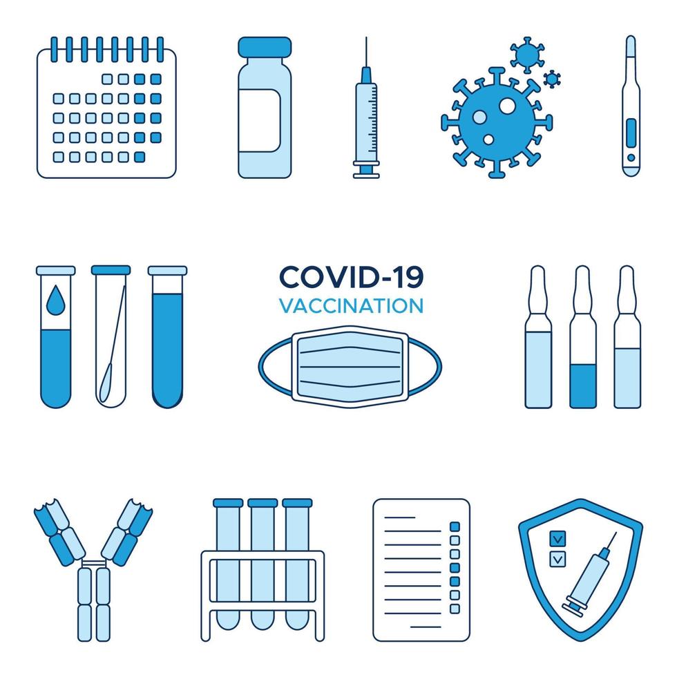 Reihe blauer Symbole Coronavirus Covid-19-Impfung, Kalender, Impfstoffampullen, Spritze, Coronavirus, Kalender, Schild, Test, Blutteströhrchen, Thermometer und Antikörper. Vektor-Illustration vektor