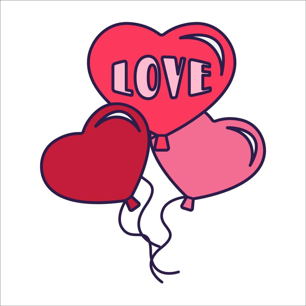 Retro-Valentinstag-Symbol-Geschenkballons in Herzform. Liebessymbol im modischen Pop-Line-Art-Stil. die süßen Kugeln mit einem Schild in zartrosa, rot und korallenfarben. vektorillustration isoliert. vektor