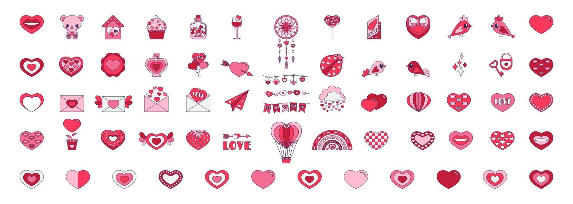 Retro-Valentinstag-Reihe von Symbolen. Liebessymbole im angesagten Pop-Line-Art-Stil. die figur aus herz, regenbogen, schloss, ballon in zartrosa, roter und korallenfarbener farbe. vektorillustration isoliert vektor
