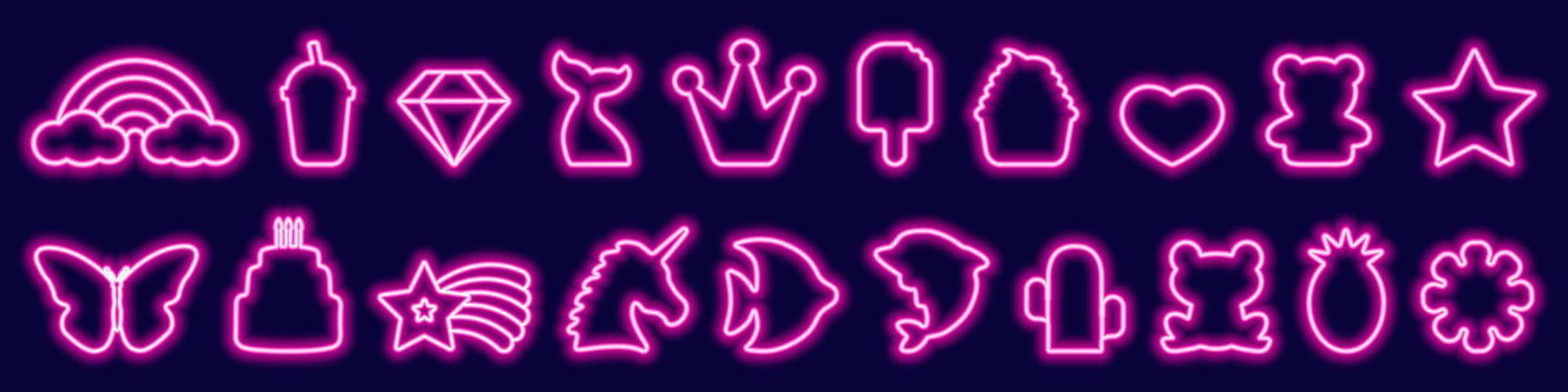 Große Reihe von LED-Fantasy-Geburtstags-, Lebensmittel- und Tier-Neonrahmen in trendiger rosa Farbe. leuchtende symbole und zeichen, einhorn, regenbogen, schmetterling, krone, stern, kuchen. vektorillustration im neonstil vektor