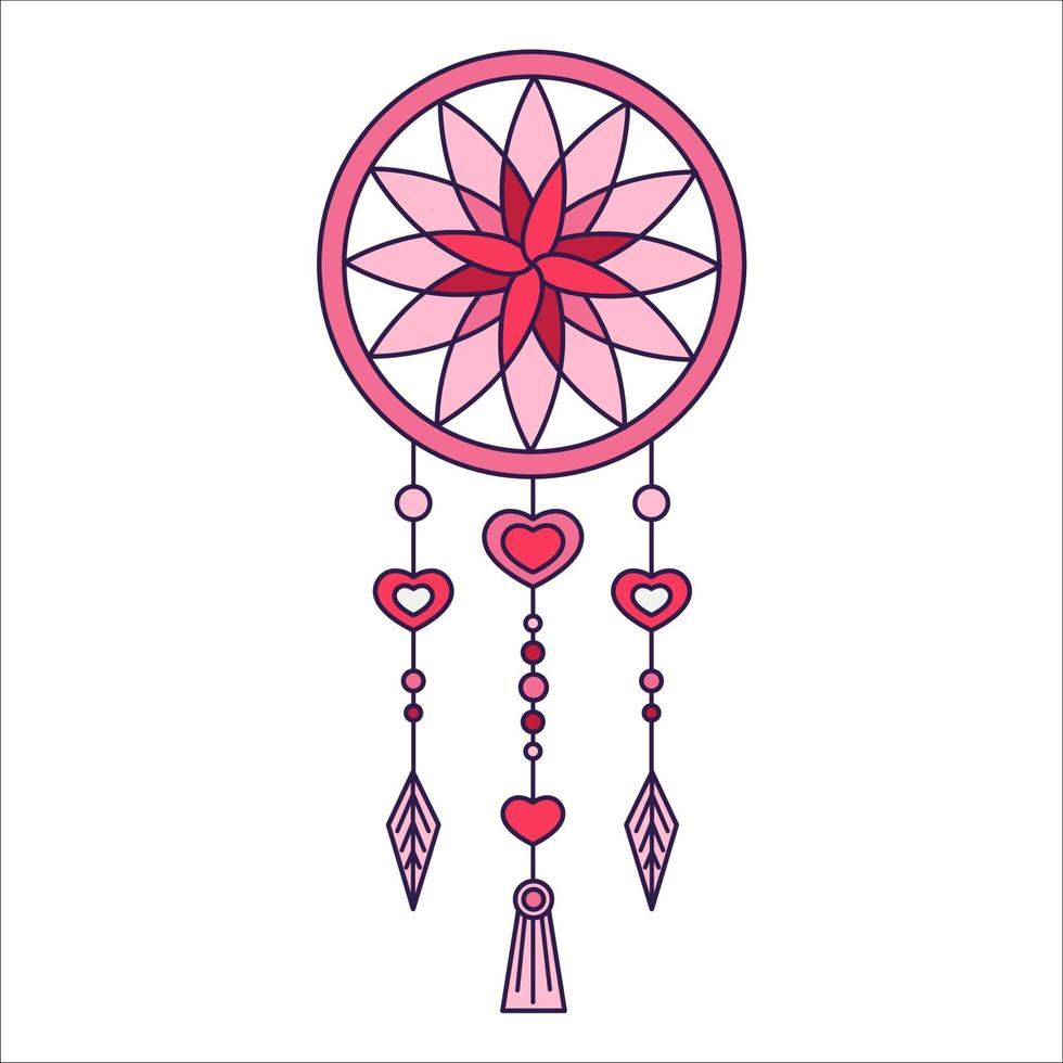 retro valentine dag boho ikon av de drömfångare. kärlek symboler i de modern pop- linje konst stil. de figur av hjärta drömmar stoppare i mjuk rosa, röd och korall Färg. vektor illustration.