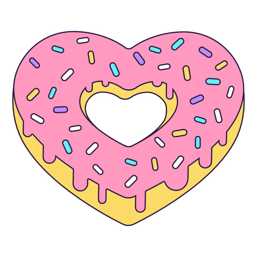 Cartoon Valentinstag Symbol Donut Herzform. Liebessymbol im angesagten Pop-Stil. Die süßen Schokoladenherzen sind zartrosa, gelbe Farben. vektorillustration isoliert vektor
