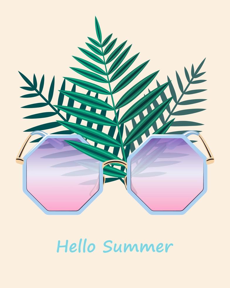 hallo sommer - ein helles blatt mit modischer rosa brille und palmblättern auf champagnerhintergrund. Vektorillustration auf Lager eignet sich für eine Grußkarte, ein Webbanner oder einen Werbestand. vektor