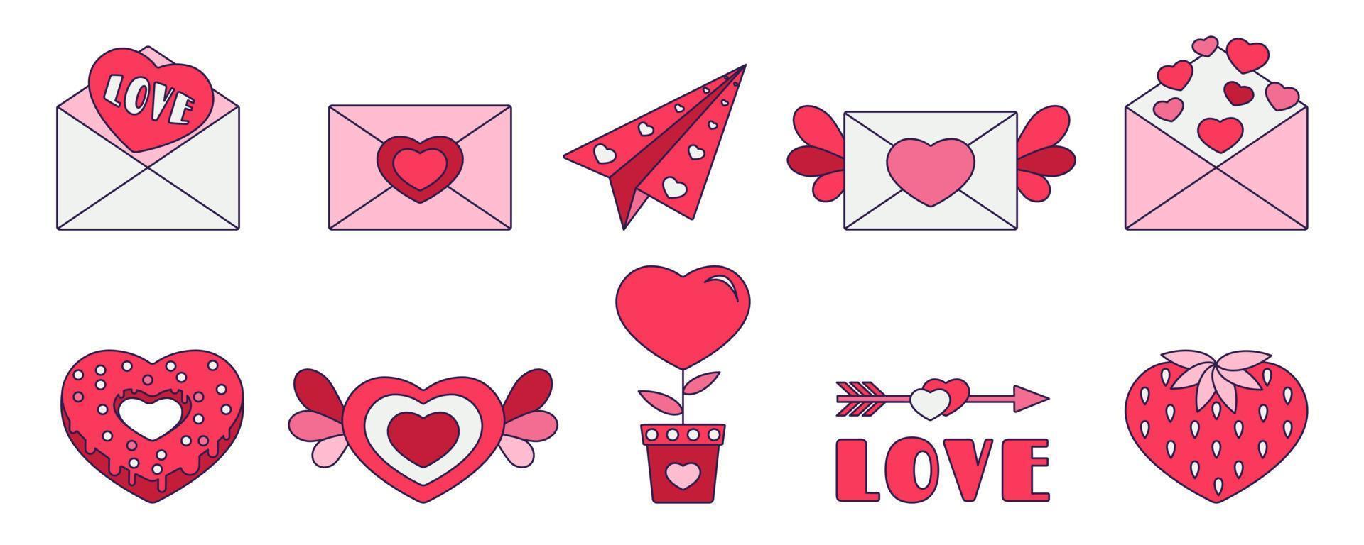 retro valentine dag uppsättning av ikoner. kärlek symboler i de modern pop- linje konst stil. de figur av hjärta, regnbåge, låsa, ballong i mjuk rosa, röd och korall Färg. vektor illustration isolerat