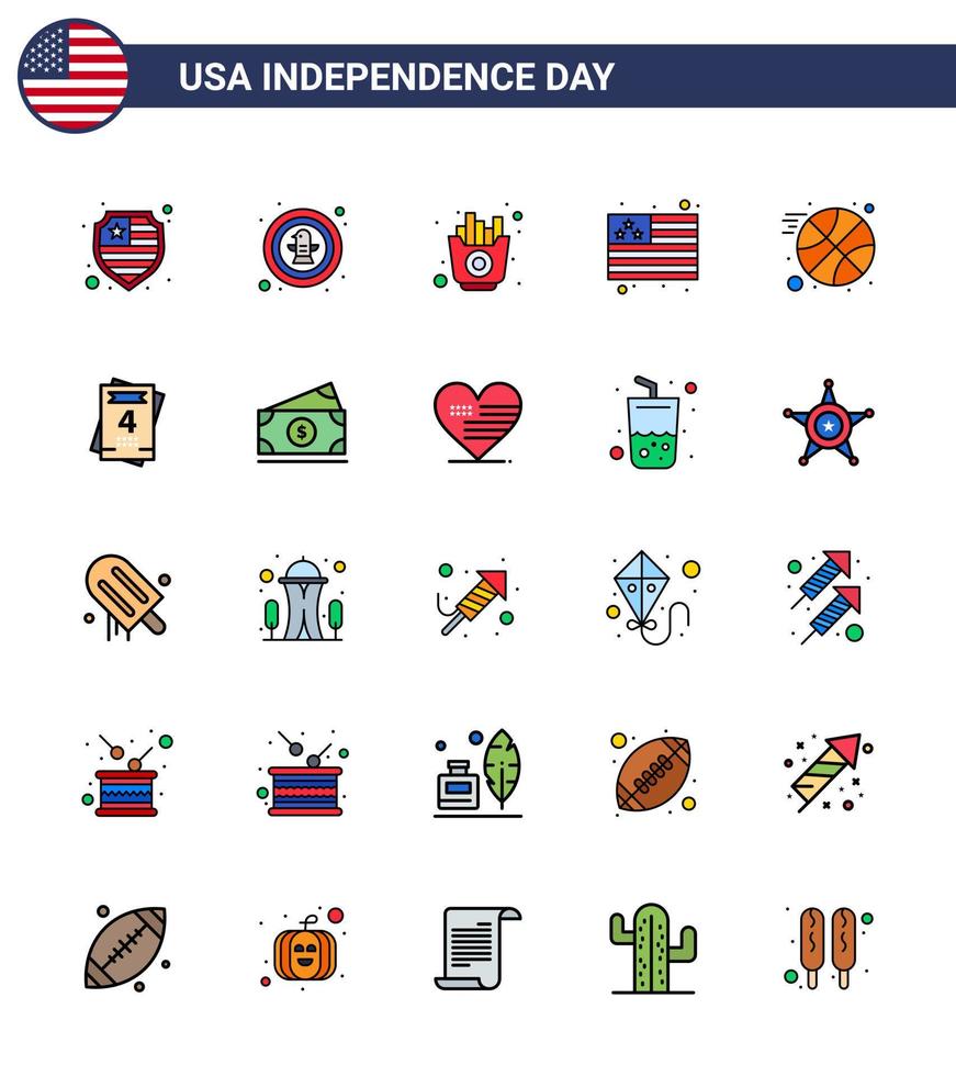 4:e juli USA Lycklig oberoende dag ikon symboler grupp av 25 modern platt fylld rader av sporter basketboll snabb USA Land redigerbar USA dag vektor design element