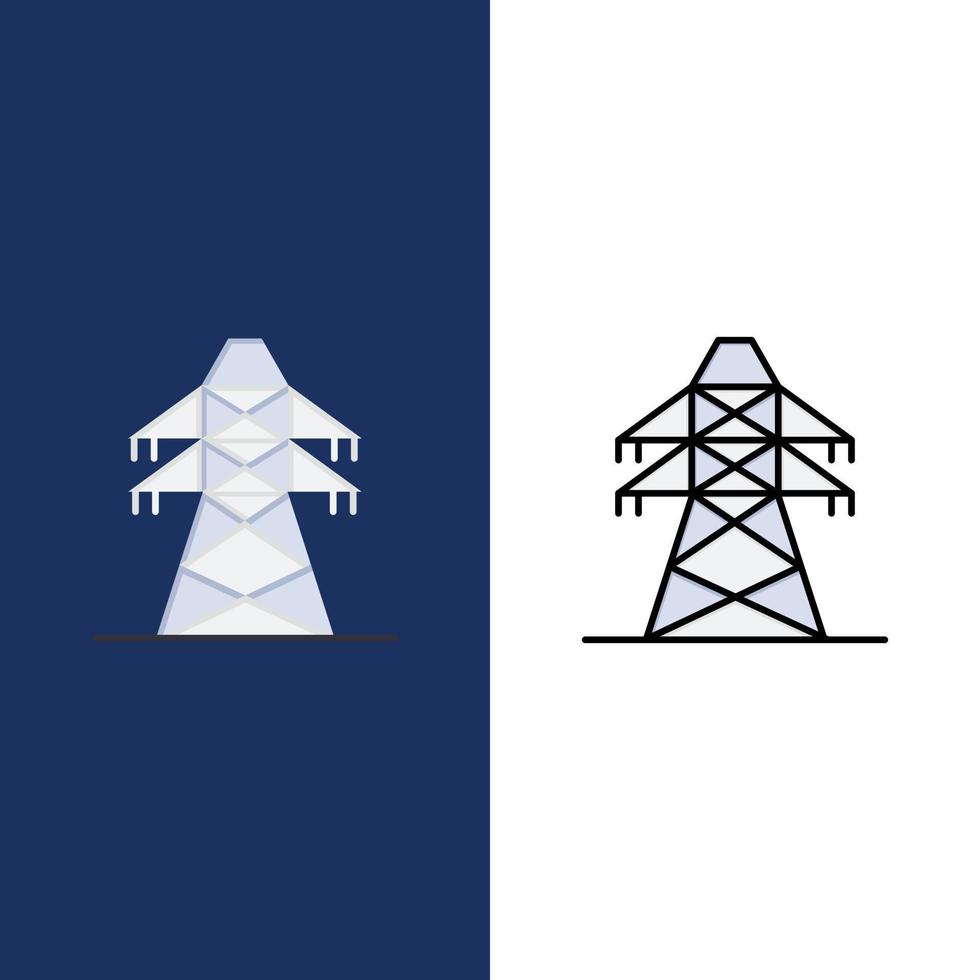 Elektrische Energieübertragung Übertragungsturm Symbole flach und Linie gefüllt Icon Set Vektor blauen Hintergrund