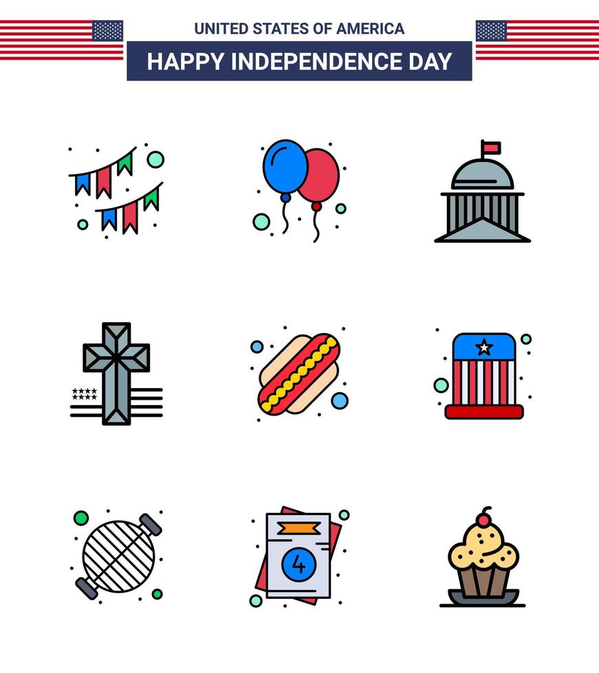 USA Lycklig oberoende dag piktogram uppsättning av 9 enkel platt fylld rader av amerikan korsa fest amerikan irland redigerbar USA dag vektor design element